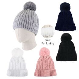 24 Wholesale Ladies Plush Lined Chenille Hat With Fur Pompom Solid Colors