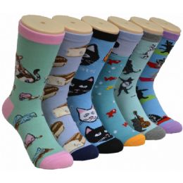 360 Wholesale Women's Kitten Print Crew Socks