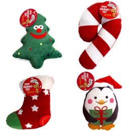 60 Wholesale Dog Toy Christmas Plush 4 Asst Candy Cane/tree/penguin/stocking In Pdq #p32152