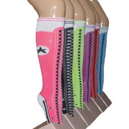 240 Pieces Girl's Knee High Socks Laced Sneaker Pattern - Sock Care Sets