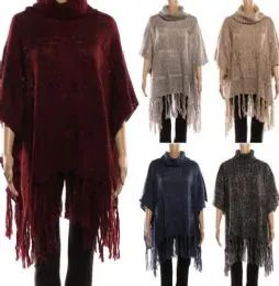 24 Pieces Womens Solid Poncho With Fringes - Winter Pashminas and Ponchos