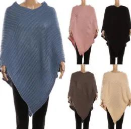 24 Bulk Womens Solid Poncho With Fringes