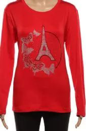24 Wholesale Womens Long Sleeve Soft Pullover Sweaters With Jeweled Eiffel Tower Design