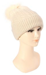 36 Wholesale Ladies Double Knitted Hat With Fur And Pom Pom