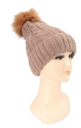 36 Wholesale Ladies Double Knitted Hat With Fur And Pom Pom