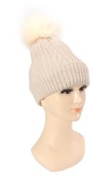 36 Pieces Ladies Double Knitted Hat With Fur And Pom Pom - Winter Beanie Hats
