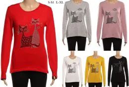24 Wholesale Women's Long Sleeve Soft Pullover Sweaters With Bedazzled Cat Design