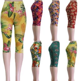 48 Wholesale Crystal Capri Leggings With Multi Color Floral And Leaf Designs