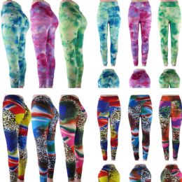 48 Wholesale Anirad High Waist Leggings With Tie Dye And Animal Prints