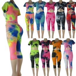 24 Pieces Splendid High Waist Capri Leggings Set With Assorted Tie Dye Patterns - Womens Leggings
