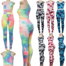 24 Wholesale Excite High Waist Capri Leggings Set With Tie Dye Patterns