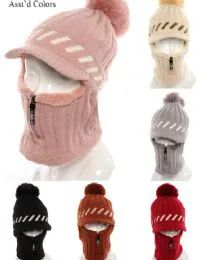 72 Bulk Womans Knit Winter Pom Pom Hat Plush Hat With Zipper