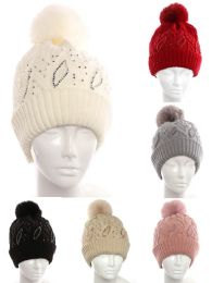 72 Pieces Womans Knit Winter Pom Pom Hat With Stones - Winter Hats