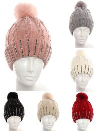 72 Wholesale Womans Knit Winter Pom Pom Hat With Stones