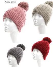 36 Wholesale Women's Winter Pom Pom Hat Solid Colors Assorted