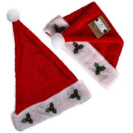 24 Pieces Santa Hat Red Plush W/holly - Christmas