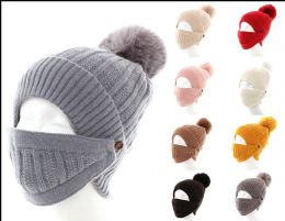 72 Bulk Womans Knit Winter Pom Pom Hat Plush Hat With Face Covering