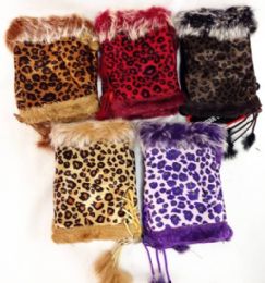 12 Wholesale Fingerless Faux Fur Suede Leopard Texting Gloves