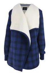 12 Wholesale Ladies Sherpa Lined Waterfall Open Cardigan Jacket Plaid Blue 12/cs (S-2xl)