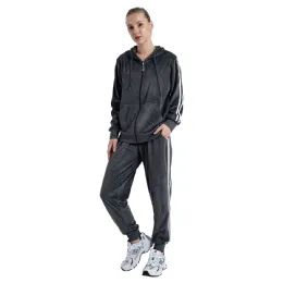 12 Wholesale Ladies 2pc Set Soft Velour Hooded Sweatshirt & Sweatpant W/ Pockets Dark Grey (S-Xl) 12/cs