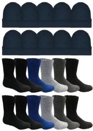 48 Pieces Yacht & Smith Wholesale Fuzzy Socks And Beanie Set For Men - Winter Care Sets