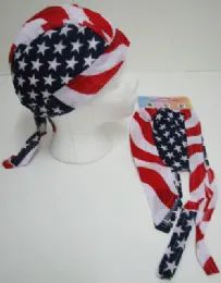 72 Wholesale Skull Caps Motorcycle Hats Fabric American Flag Print