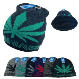 36 Bulk Plush Lined Knit Beanie Cannabis Logo