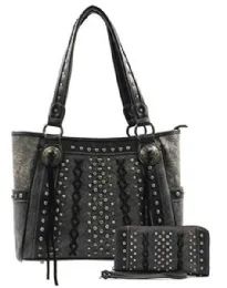 2 Bulk Western Studded Tote With Matching Wallet Black