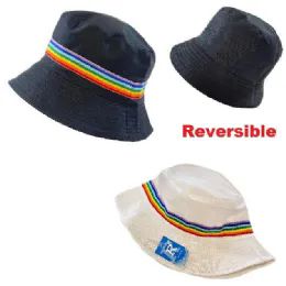 24 Wholesale Bucket Hat Black Or White With Rainbow Band Cotton