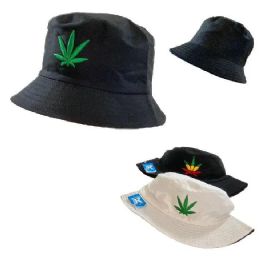 72 Wholesale Bucket Hat [embroidered Leaf] Marijuana *cotton*