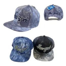 48 Pieces Snap Back Flat Bill Cap [script New York] TiE-Dye - Hats With Sayings