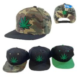 48 Wholesale Snap Back Flat Bill Hat [embroidered Leaf] Black Camo Green