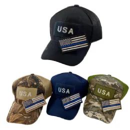 48 Wholesale Detachable Patch Hat/blue Line Flag [usa] Soft Mesh Back