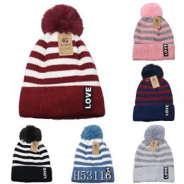 24 Pieces One Pom Beanie Stripes Fur Lining - Winter Hats