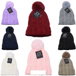 12 Wholesale One Pompom Fur Lining Women's Winter Hat's Gold Lining