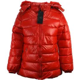 12 Pieces Women's Short Shiny Jacket Fur Hoodie Color Red - Women's Winter Jackets