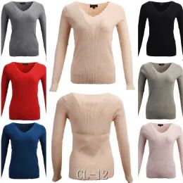 24 Wholesale Knitted Ribbed V-Neck Sweater Elastic Cashmere Size L/ xl