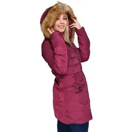 12 Wholesale Women's Puffer Coat Fleece Linning Color Burgandy
