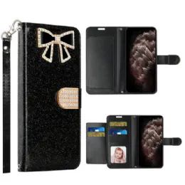 12 Wholesale Ribbon Bow Crystal Diamond Flip Book Wallet Case For Apple Iphone 13 Pro Max 6.7 In Black