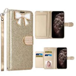 12 Wholesale Ribbon Bow Crystal Diamond Flip Book Wallet Case For Apple Iphone 13 Pro Max 6.7 In Gold