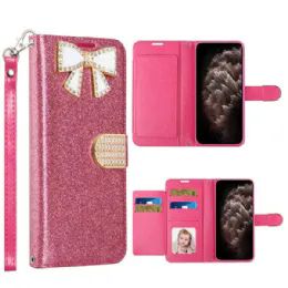 12 Wholesale Ribbon Bow Crystal Diamond Flip Book Wallet Case For Apple Iphone 13 Pro Max 6.7 In Hot Pink