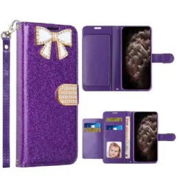 12 Wholesale Ribbon Bow Crystal Diamond Flip Book Wallet Case For Apple Iphone 13 Pro Max 6.7 In Purple