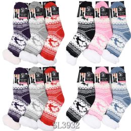 24 Pairs Women's Reindeer Print Sherpa Lined Stocking - Women's Socks for Homeless and Charity