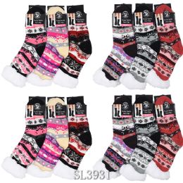 24 Pairs Women's Snowflake Print Sherpa Lined Stocking - Women's Socks for Homeless and Charity