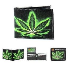 24 Wholesale Vegan Leather Wallet [bifold] Neon Marijuana Leaf