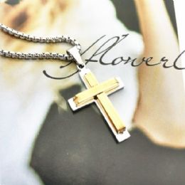48 Units of Stainless Steel Christian Cross Necklace Gold On Silver - Jewelry & Accessories