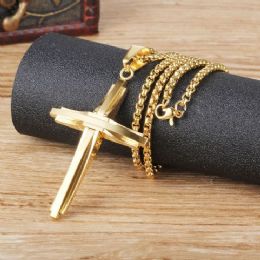 48 Units of Stainless Steel Christian Cross Necklace Large Gold - Jewelry & Accessories