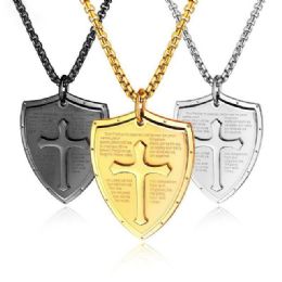 48 Units of Stainless Steel Christian Cross Necklace Our Father Shield - Jewelry & Accessories