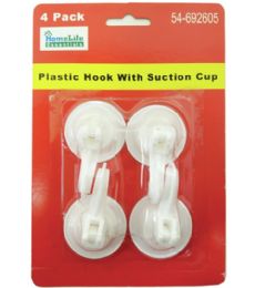 96 Units of 4 Pack Plastic Hook With Suction Cup - Hooks