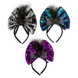 24 Pieces Headband Flapper Sequin W/rose Feather 3ast Purple/blue/silver Header Card - Costumes & Accessories